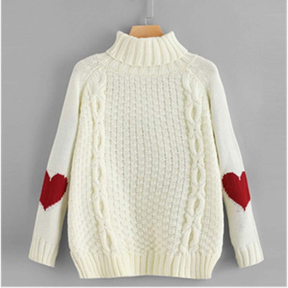 High Neck Off White Heart Print Sweater S size
